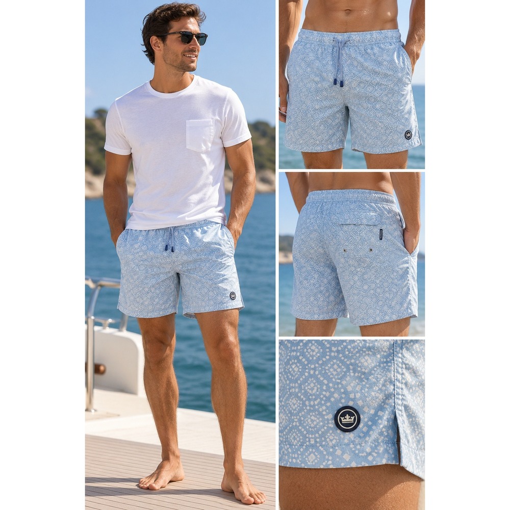 Peter Millar Mens Blue White Geometric Print Swim Trunks Board Shorts Medium